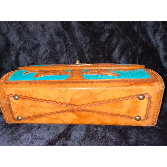VINTAGE UNIQUE TURQUOISE LARGE WESTERN TOOLED LEATHER BAG! - Picture 7 of 11